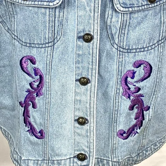 Denim Vest Sz XL Embroidered Fairies Unicorn Whimsical Russ State of Blue Vtg - Picture 4 of 11